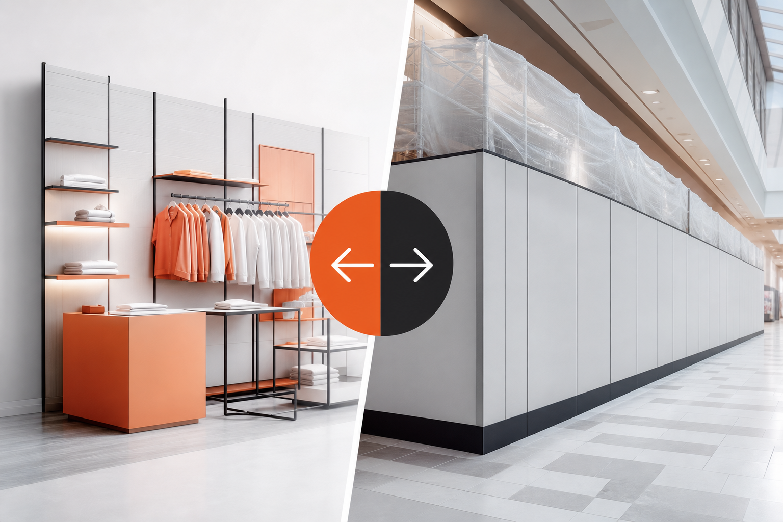 Split image: retail display fixtures with orange merchandising units on one side, a white construction hoarding wall inside a mall on the other
