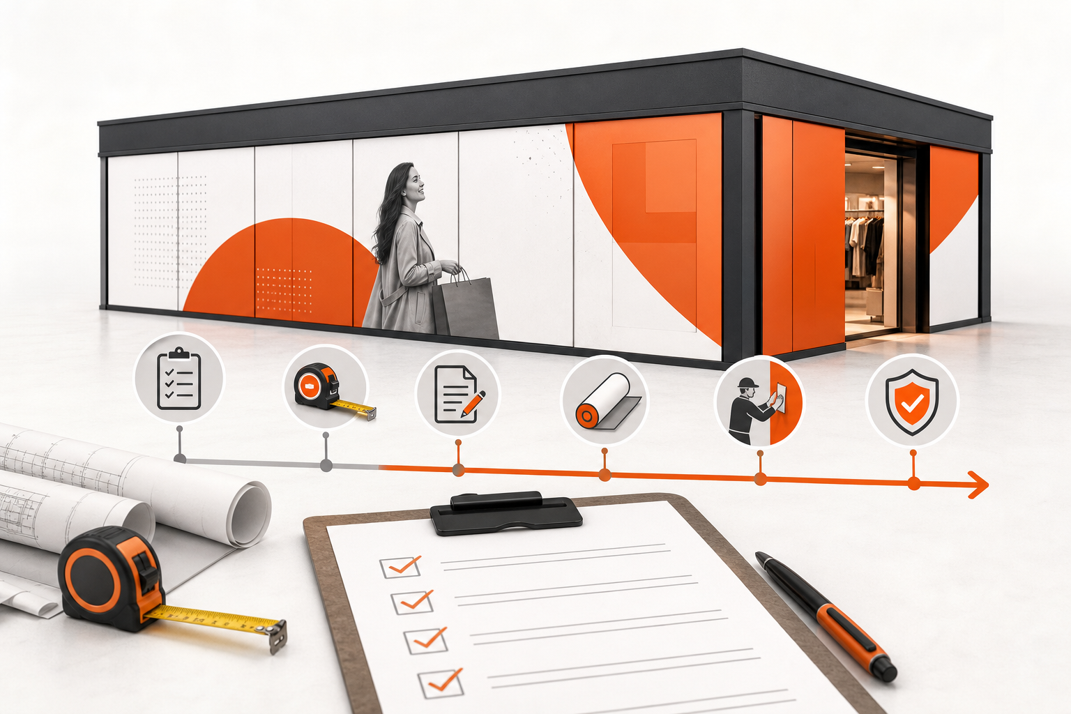 Retail storefront wrapped in orange and white hoarding graphics with a six-step install timeline, site plans, tape measure and signed-off checklist