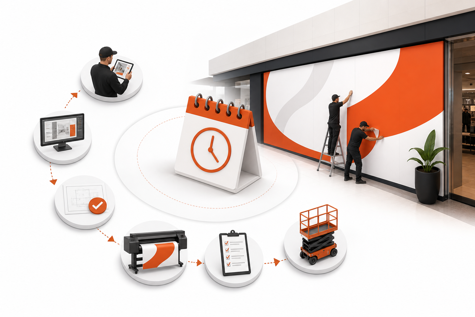 Hoarding graphics delivery timeline: site survey, artwork template, approval, large-format print, mall ops checklist and lift installation around a calendar, with installers applying orange graphics to a mall storefront
