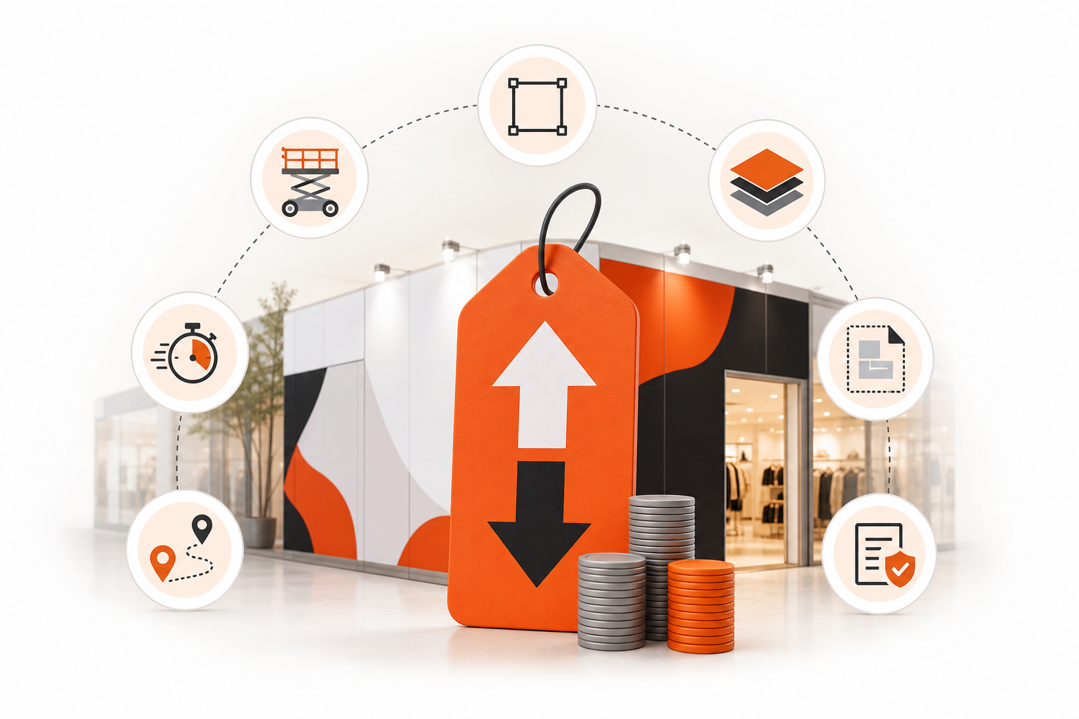 Retail hoarding storefront with a price tag and cost-driver icons for install access, panel layout, substrate, timeline, location, artwork files, and landlord compliance