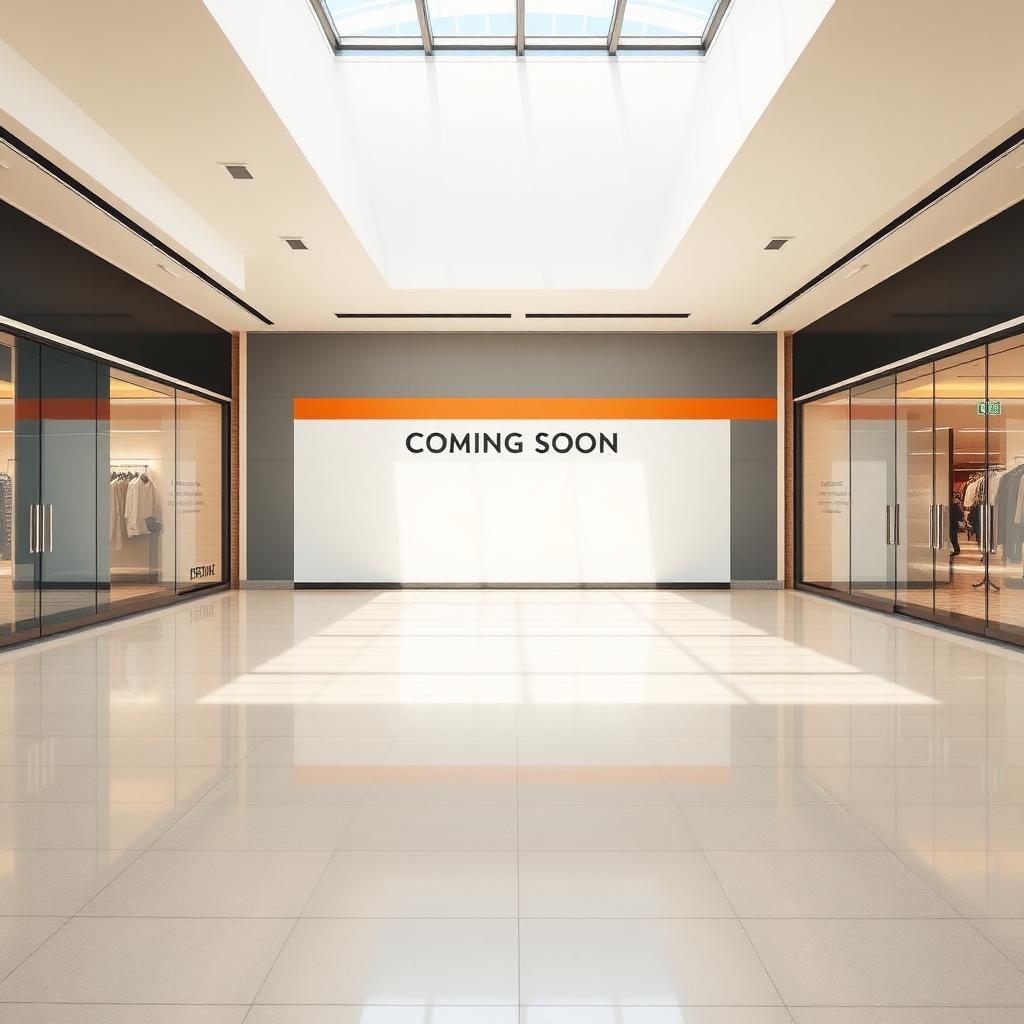 Landlord-branded coming-soon hoarding graphics wall covering a vacant storefront in a modern North American shopping mall
