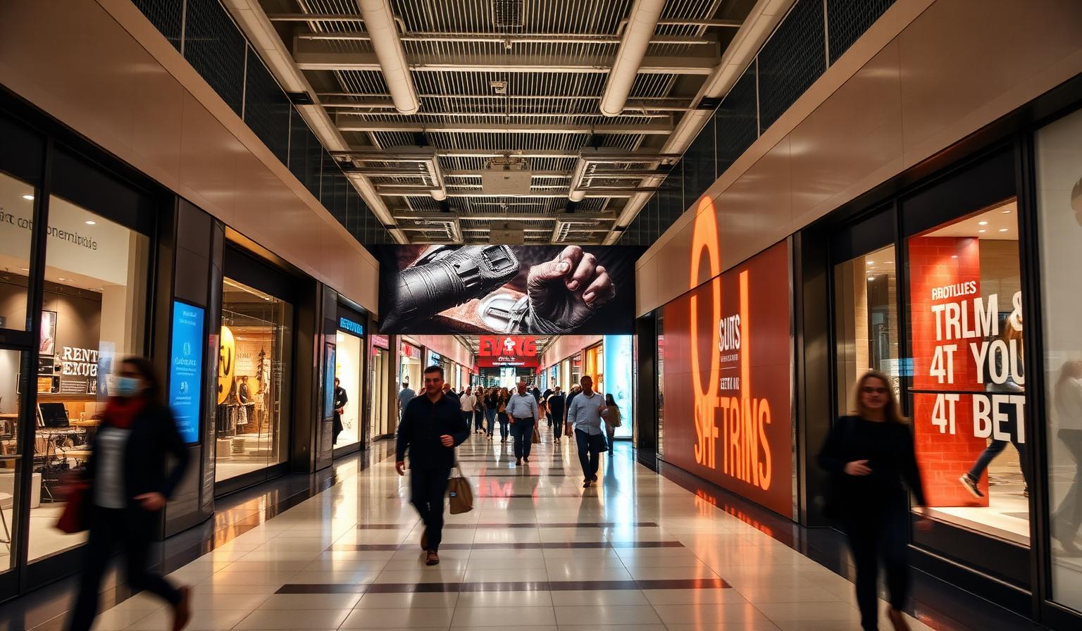 Retail graphic design for large-format hoarding — 40-foot mall construction barrier viewed from a shopper corridor